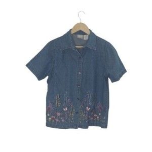 Blair Denim Shirt Floral Embroidered Accent Button Up Size Small